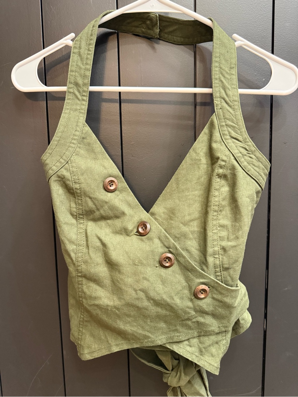 Moon River Olive Wrap Halter Camisole with Wooden Buttons